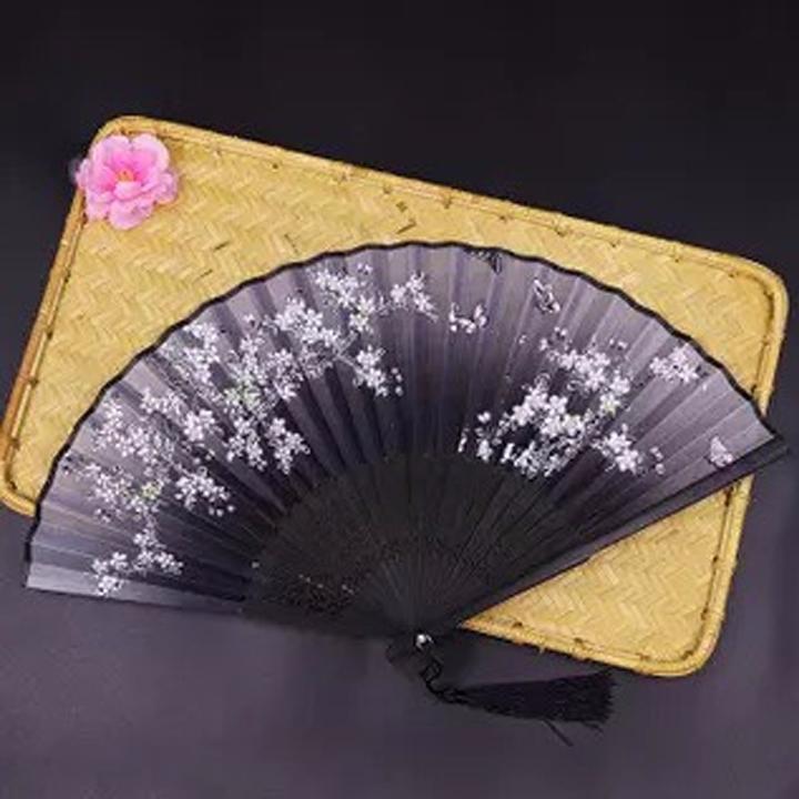 ( 50k) Quạt cổ trang dây tuyến đen lá liễu hồng xám quạt xếp cầm tay phong cách Trung Quốc phong cách cổ trang cổ điển