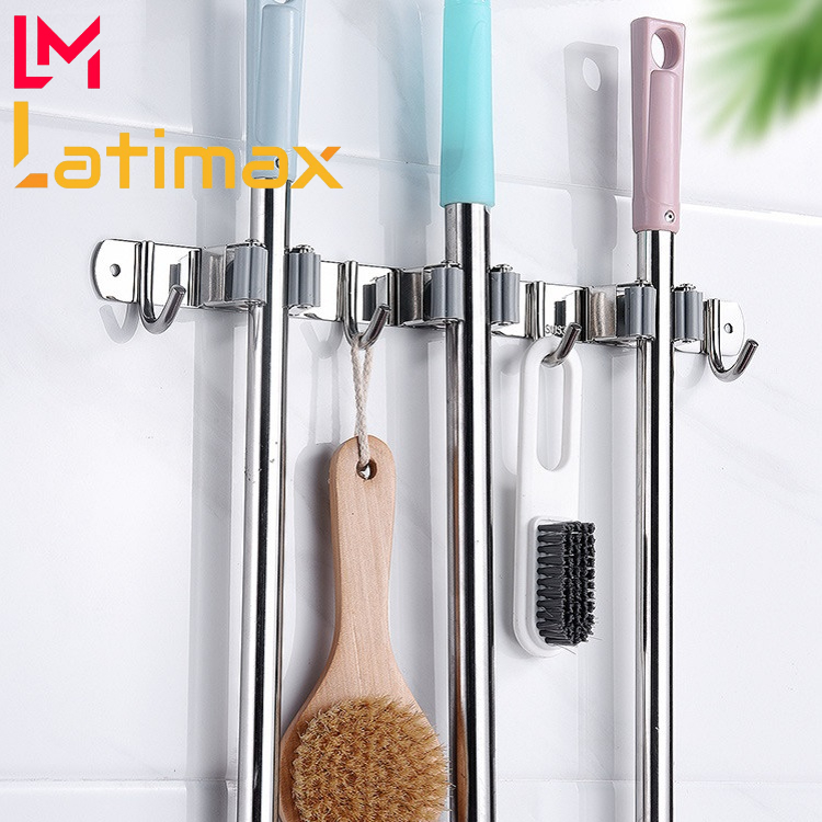 Thanh treo đồ đa năng 4 móc 3 kẹp cây chổi lau nhà Inox 304 - Móc treo đồ dán tường tặng keo dán chuyên dụng siêu chắc