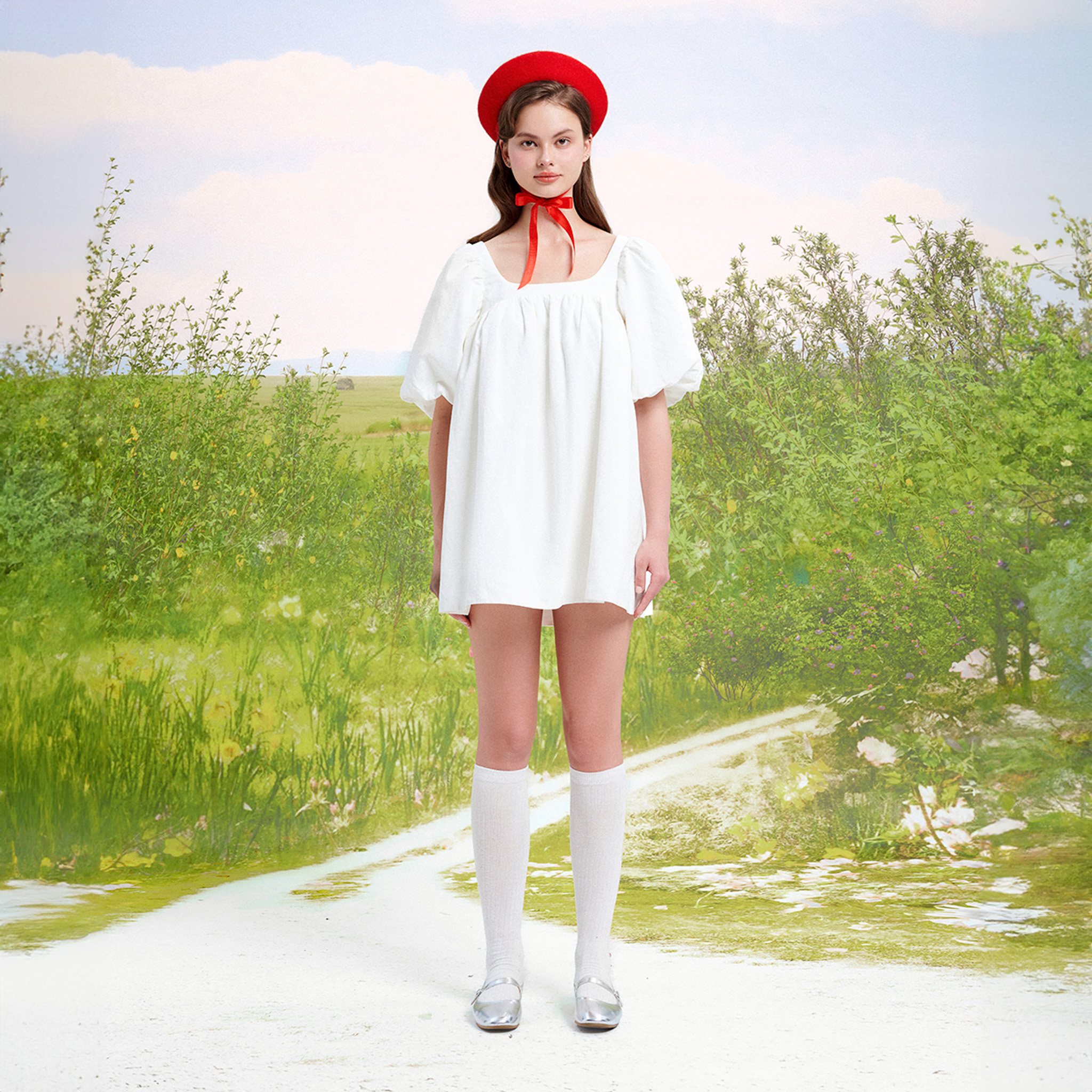 Dottie - đầm baby doll tay phồng - trắng - d0582