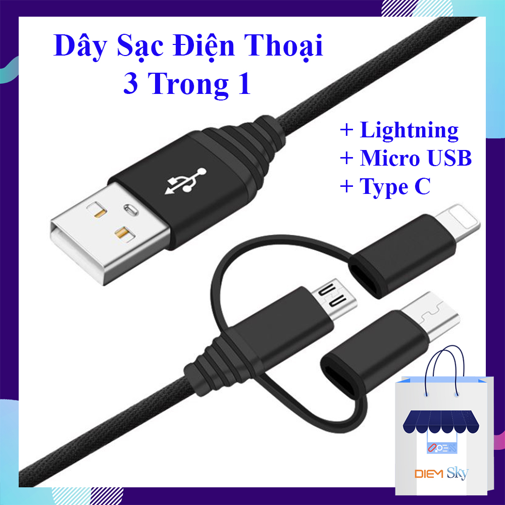 [HCM]Dây sạc điện thoại 3 trong 1 iphone/lightning + type C + micro USB sạc nhanh 2.4A cáp sạc điện thoại dài 1 mét đảm bảo sử dụng an toàn