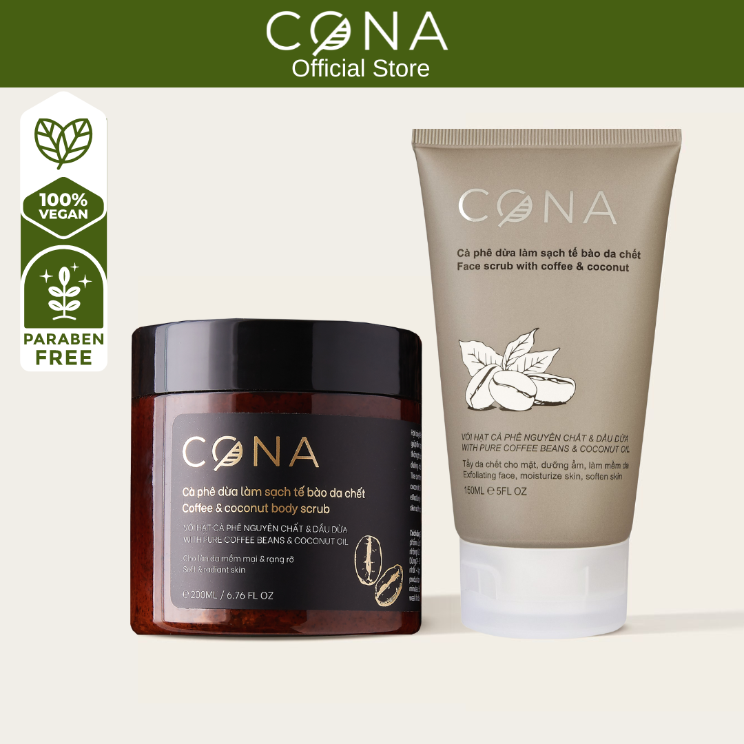 Bộ cà phê tẩy da chết mặt, tẩy da chết body CONA giúp da đều màu , sáng mịn - Quà Tặng 1 Dây buộc tóc hoa cúc siêu xinh