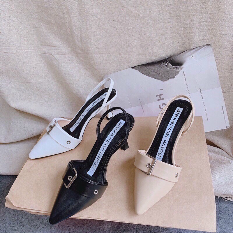 Giày sandal cao gót nữ bít mũi khoá da lì gót 5p cao cấp