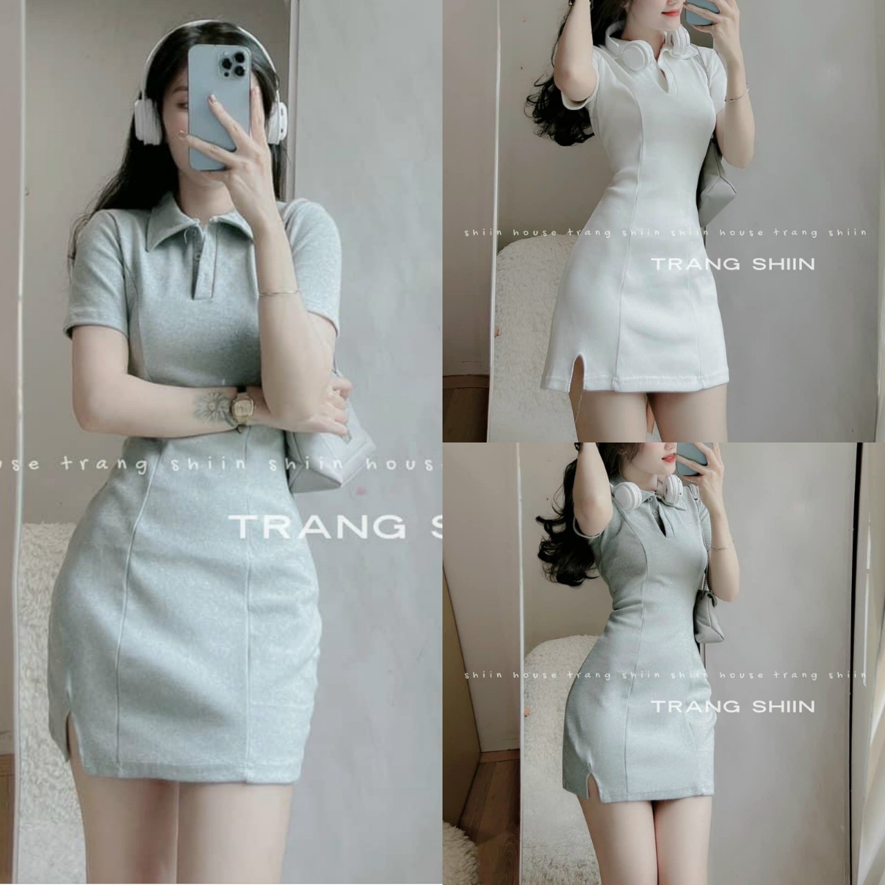 Đầm body thun gân cổ sơ mi tay ngắn kiểu dáng bánh bèo tiểu thư năng động