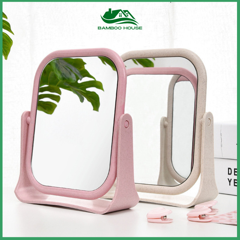 Gương trang điểm để bàn lúa mạch 2 mặt, Gương lúa mạch để bàn xoay 360 độ xinh xắn