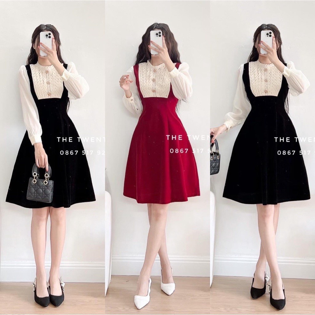 V95 Váy nhung - Đầm dự tiệc nhung lì cổ phối ren sang chảnh