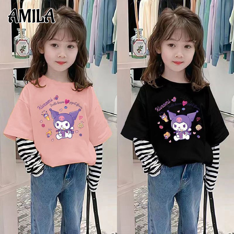 Children's clothing, girl's top, T-shirt, girl's thin hoodie, two pieces of color blocking long sleeved fake pullover, Kuromi Melody cartoon pattern, 1-15 years old.