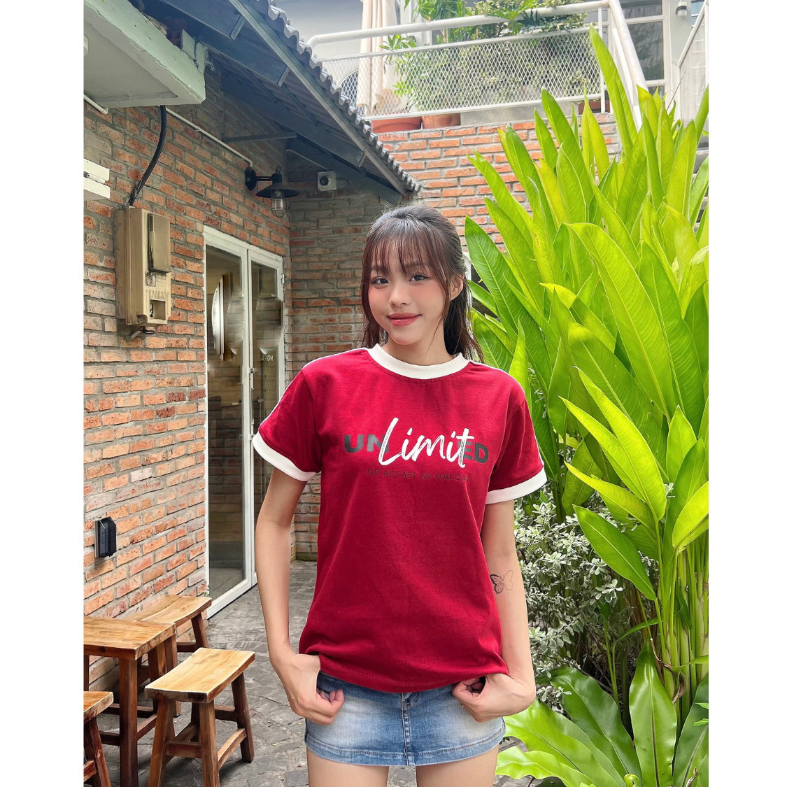 Áo thun babytee áo thun dáng ôm cổ tròn áo phông ngắn tay cổ viền phối màu Đỏ