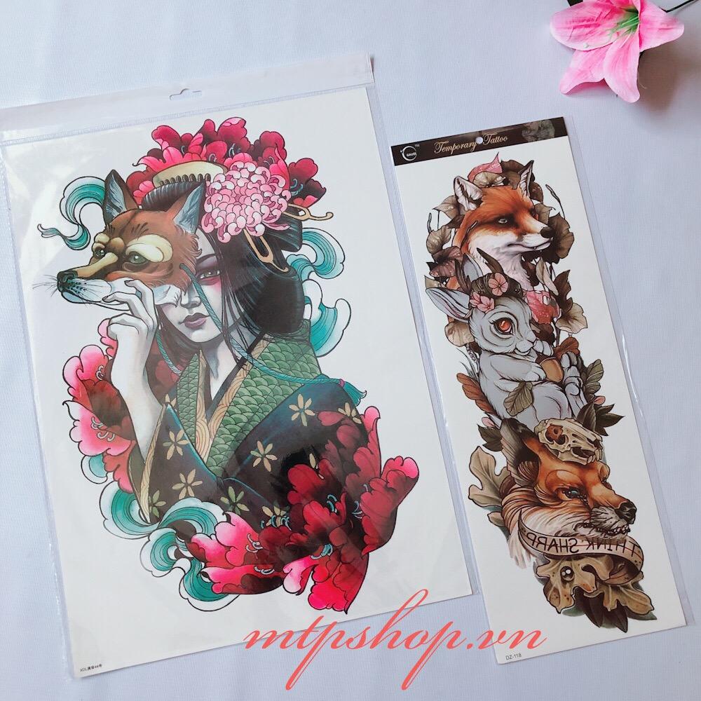 Combo 2 tấm hình xăm dán kín lưng và kín tay thiếu nữ gợi cảm và linh cẩu dz-118