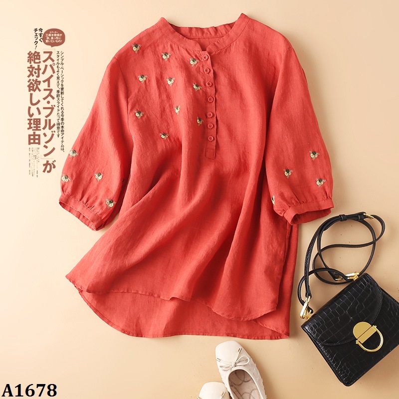 A1678-áo linen thêu điểm nghệ thuật