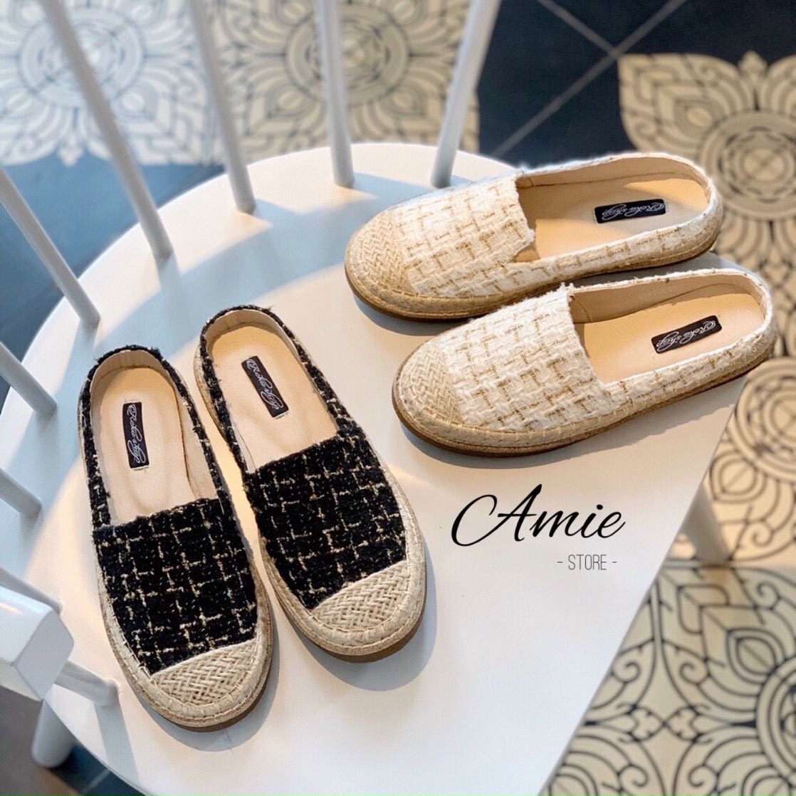 [SenXanh] Giày sục chất xù trơn kẻ ô viền cói ốp dẻo