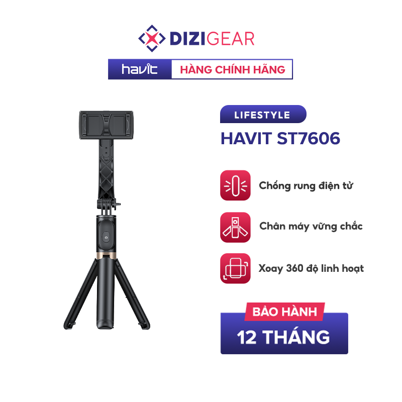 Tay Cầm Gimbal HAVIT ST7606, Chống Rung Điện Tử, Bluetooth 4.2, Điều Khiển Từ Xa - Chính Hãng BH 12 Tháng Dizigear