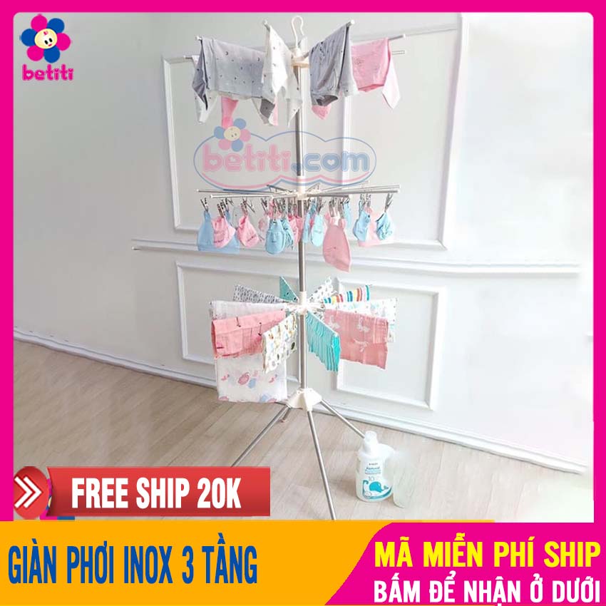 Cây phơi đồ inox đa năng thông minh treo đồ cho bé cao cấp 3 tầng, 56 móc kẹp - giàn phơi inox, giá phơi inox, giá phơi hình cây betiti - gian phoi inox