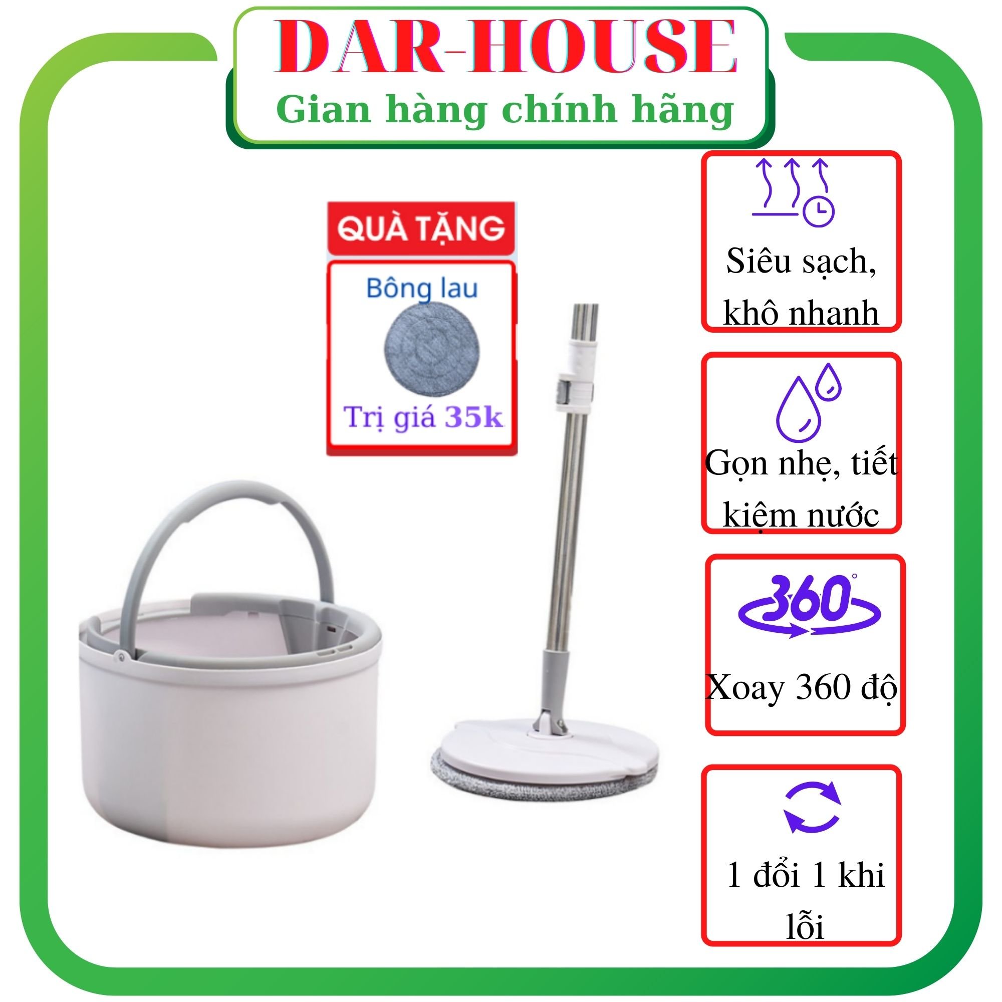 Bộ lau nhà thông minh xoay 360 độ K8, Cây lau nhà tiết kiệm nước - DAR HOUSE