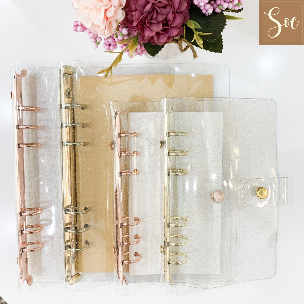 [HCM]Bìa sổ Binder nhựa trong suốt kim tuyến còng mạ A5/A6