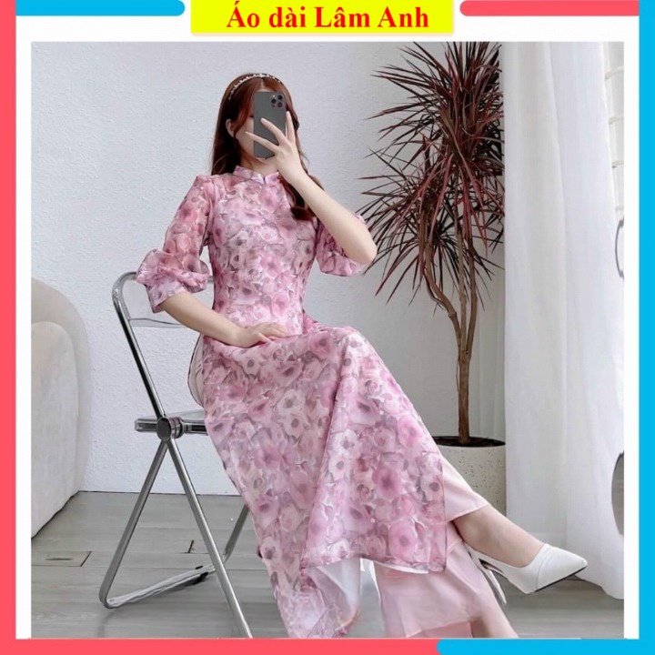 Áo dài cách tân 4 tà hoạ tiết hoa nhí hồng chất lụa von đẹp