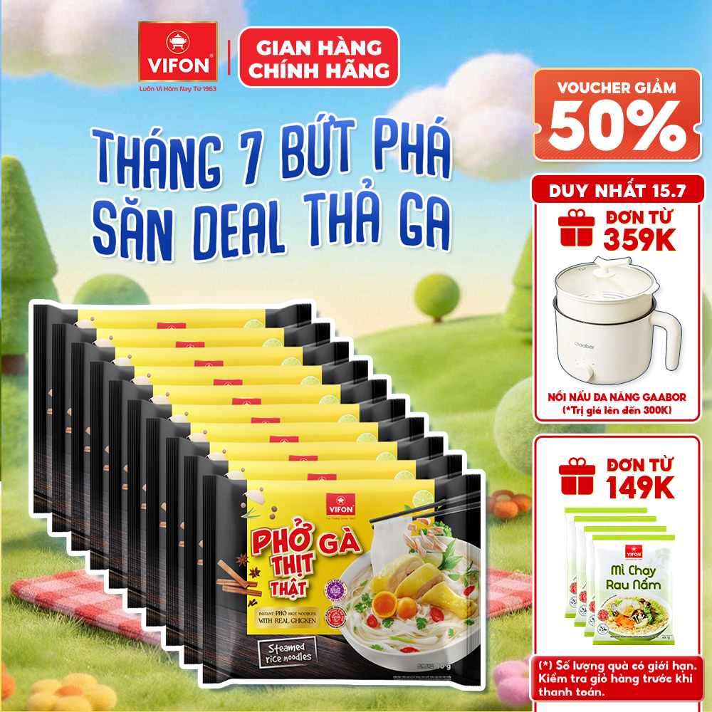 [Voucher 28% đơn từ 400K] Set 10 Gói Phở Gà/ Bò Thịt Thật VIFON 90g