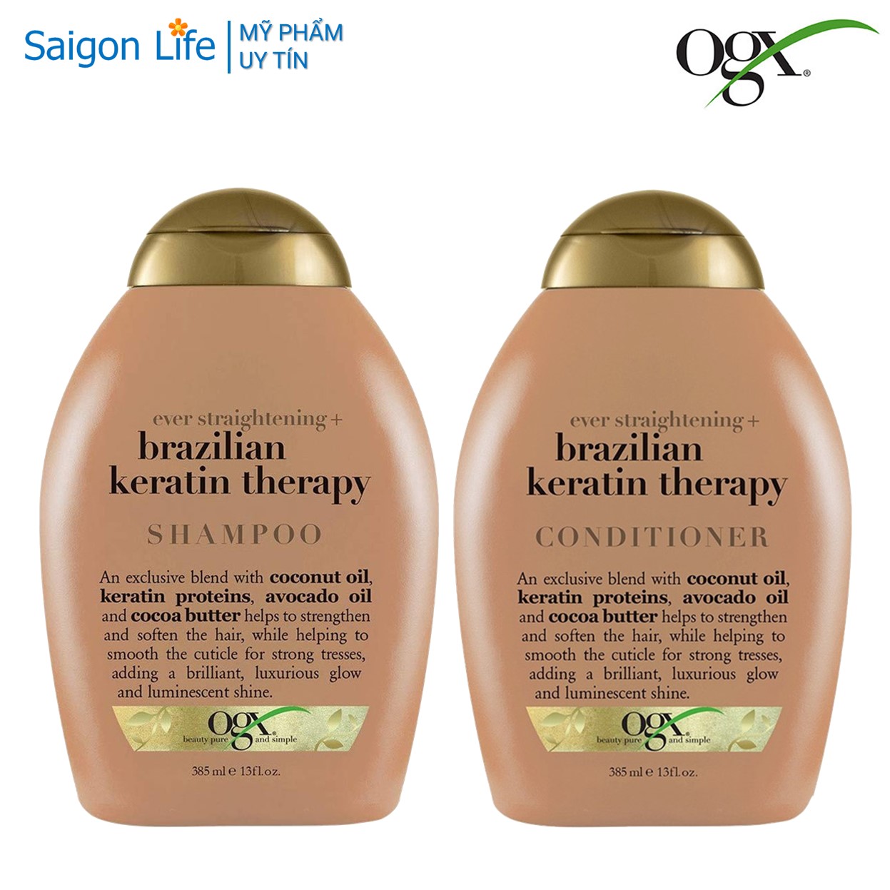 Bộ 2 Chai Dầu Gội Và Dầu Xả Vào Nếp Suôn Mượt, Bóng Khỏe OGX Ever Straightening + Brazilian Keratin Therapy 385ml/Chai - Nâu