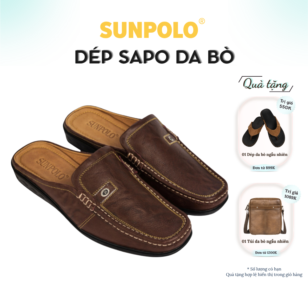 Giày sục sapo nam da bò cao cấp SUNPOLO SPO004 (Nâu)