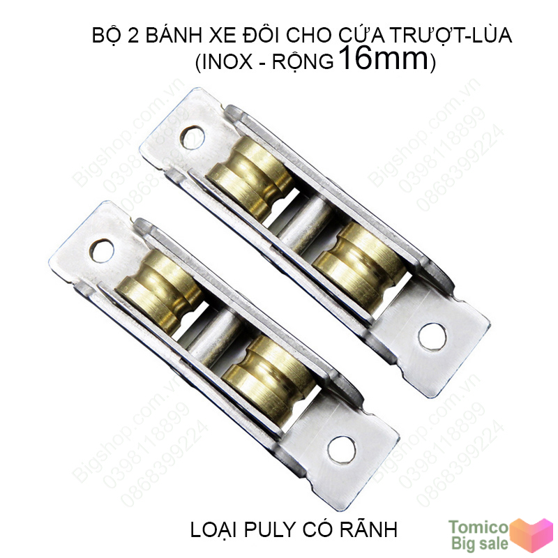 Bộ 2 bánh xe đôi cho cửa trượt-cửa lùa inox không gỉ rộng 16mm, dùng cho cửa lùa nhựa, nhôm, thép (Hàng có sẵn)