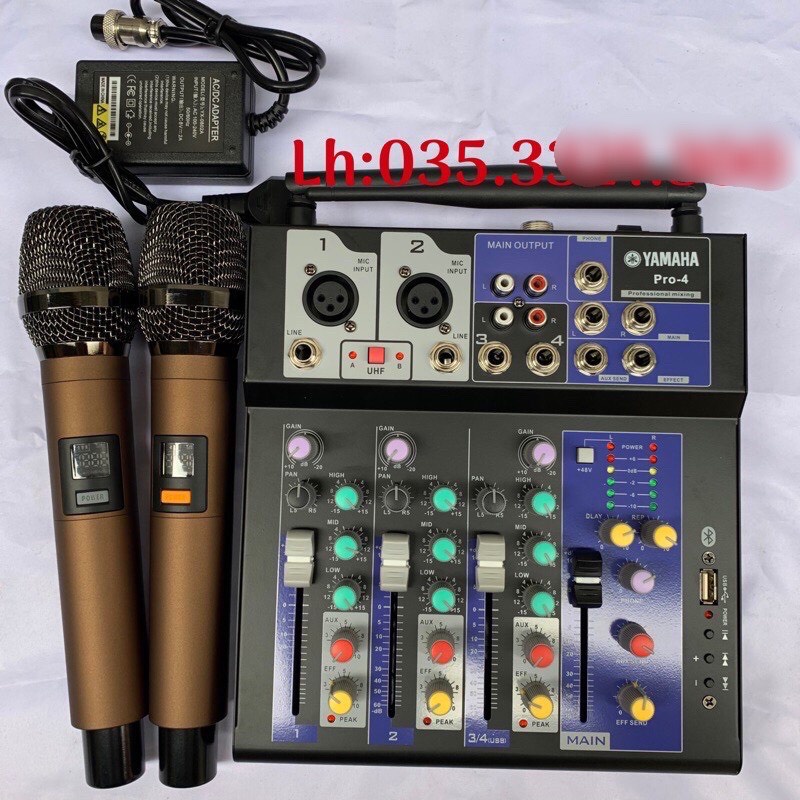 Bàn Trộn Mixer Yamaha Pro-4 Kèm 2 Mic Không Dây Hát Karaoke+Thu âm Livestream cực hay bảo hành 12 tháng