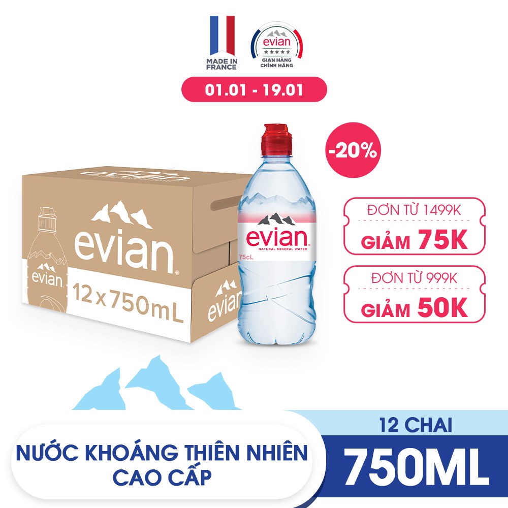 Thùng 12 chai nước khoáng thiên nhiên Evian 750ml (750ml x 12) - Nắp thể thao