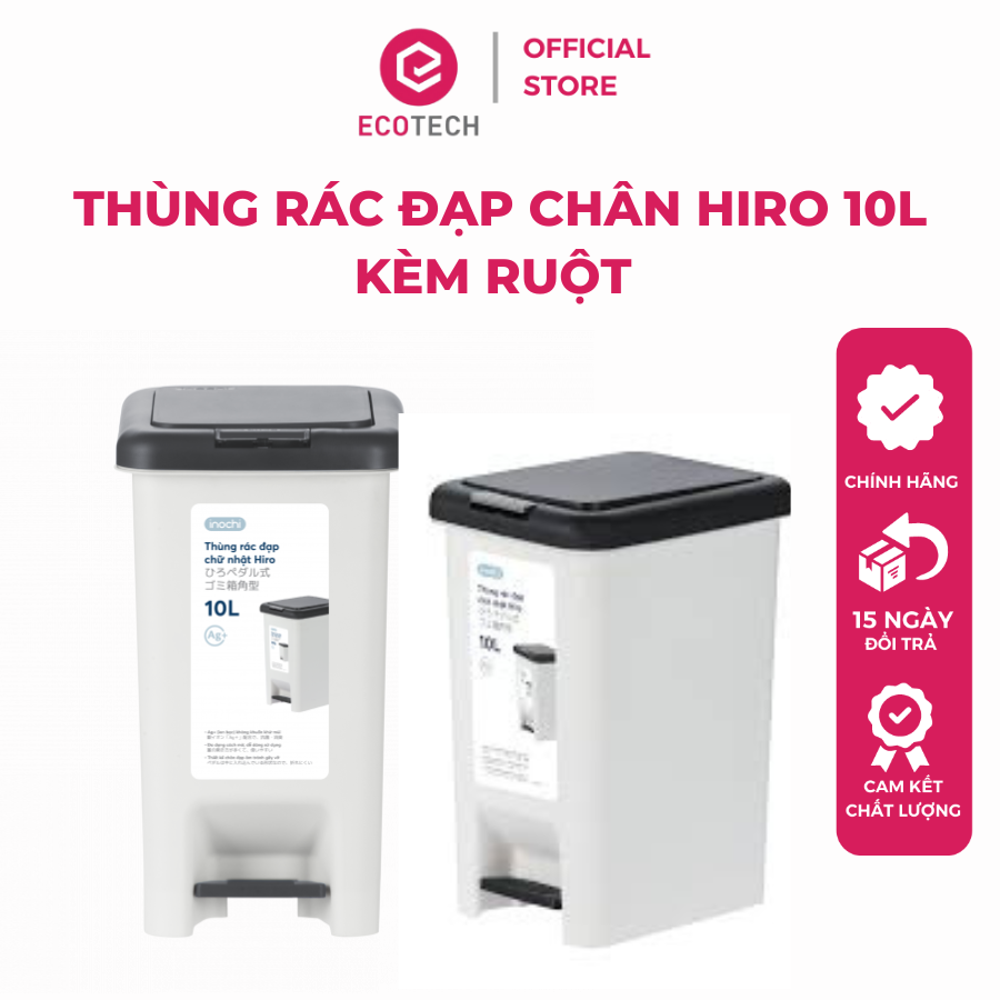 Thùng Rác Có Nắp Đậy Chữ Nhật Hiro 10L Kèm ruột - Thùng Rác Thông Minh Inochi dung tích 10L dùng cho gia đình , nhà bếp , phòng khách , nơi công sở , văn phòng