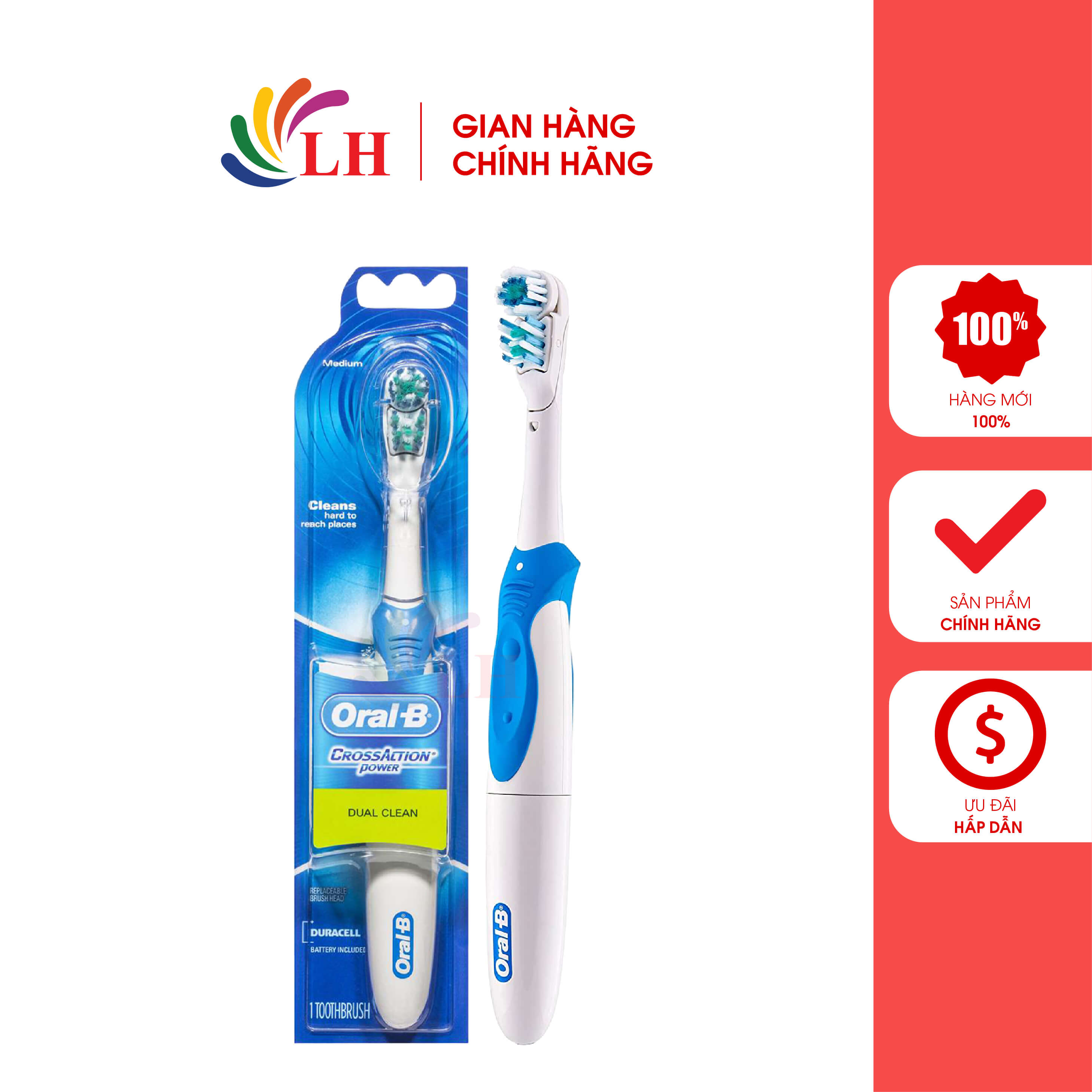 Bàn chải điện dùng pin Oral-B CrossAction Power - Thiết kế độc đáo kết hợp hai dạng đầu bàn chải với đầu tròn làm sạch bề mặt răng