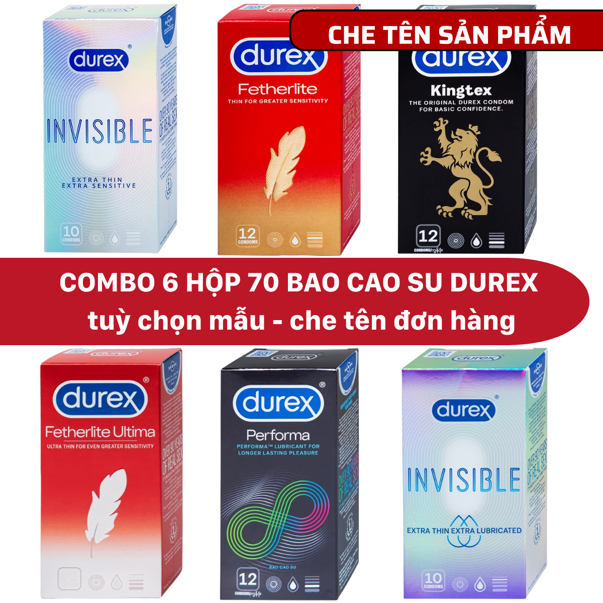  Combo 6 Hộp Bao Cao Su Durex 70 cái tùy chọn. pleasuremax. invisible. performa. kingtex. fertherlite ultima 