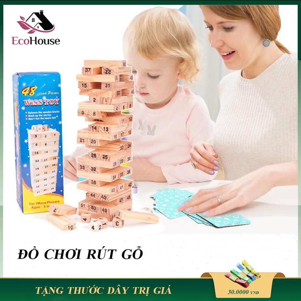 Bộ đồ chơi rút gỗ dành cho mọi lứa tuổi, bộ đồ chơi gồm 54 thanh và 4 viên xúc xắc