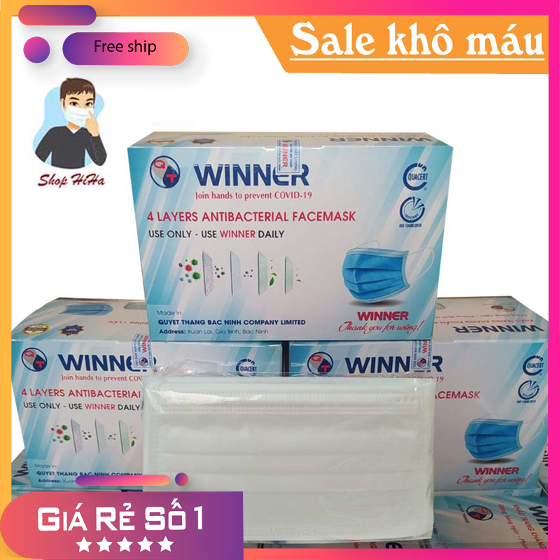 Khẩu trang y tế 4 lớp. 1 hộp 50 chiếc khẩu trang Kháng Khuẩn Có Tem, Có Logo của nhà sản xuất WINNER Đạt tiêu chuẩn của bộ Y Tế. Đạt Tiêu Chuẩn ISO Và được Kiểm Định
