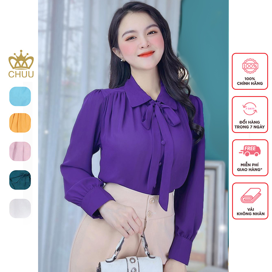 Áo sơ mi tay dài cổ nơ nút bọc Basic CHUU A5063