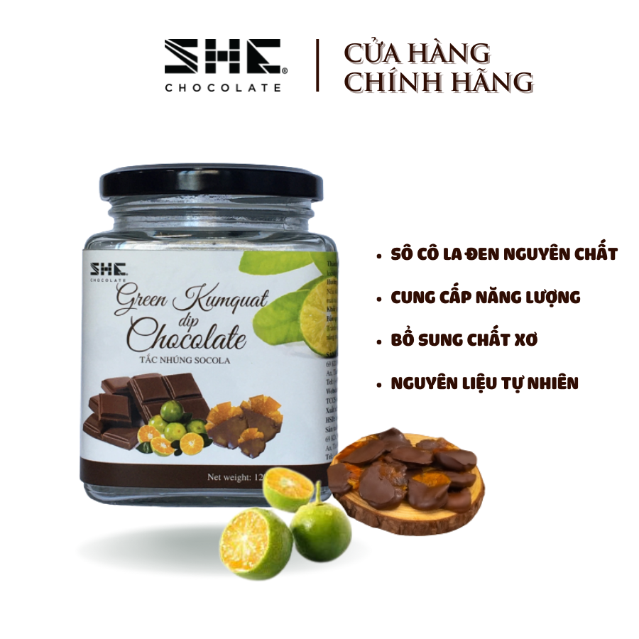 Tắc nhúng Socola - Vị Tắc và Socola - SHE Chocolate - Trái cây nhúng - 120g -Tắc tươi sấy dẻo kết hợp với Socola đen hòa quyện vào nhau đem lại hương vị mới lạ, thơm ngon. Thích hợp ăn vặt văn phòng, quà tặng