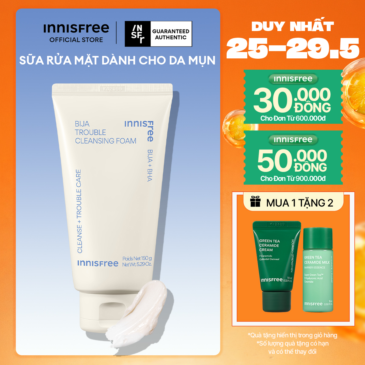 Sữa rửa mặt dành cho da mụn INNISFREE Bija Trouble Cleansing Foam 150g