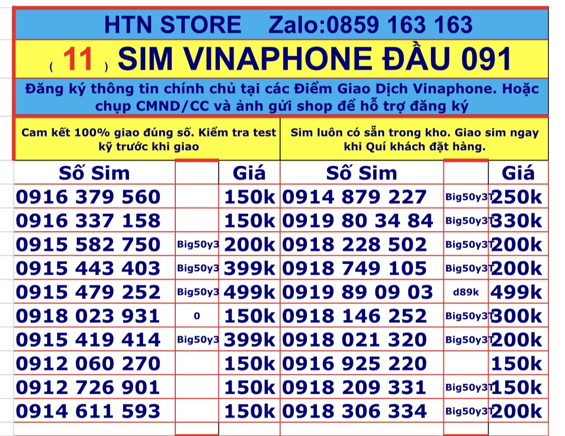 Sim vinaphone số đẹp đầu 091 vina trả trước sim nghe gọi và truy cập 4G, 5G - HTN