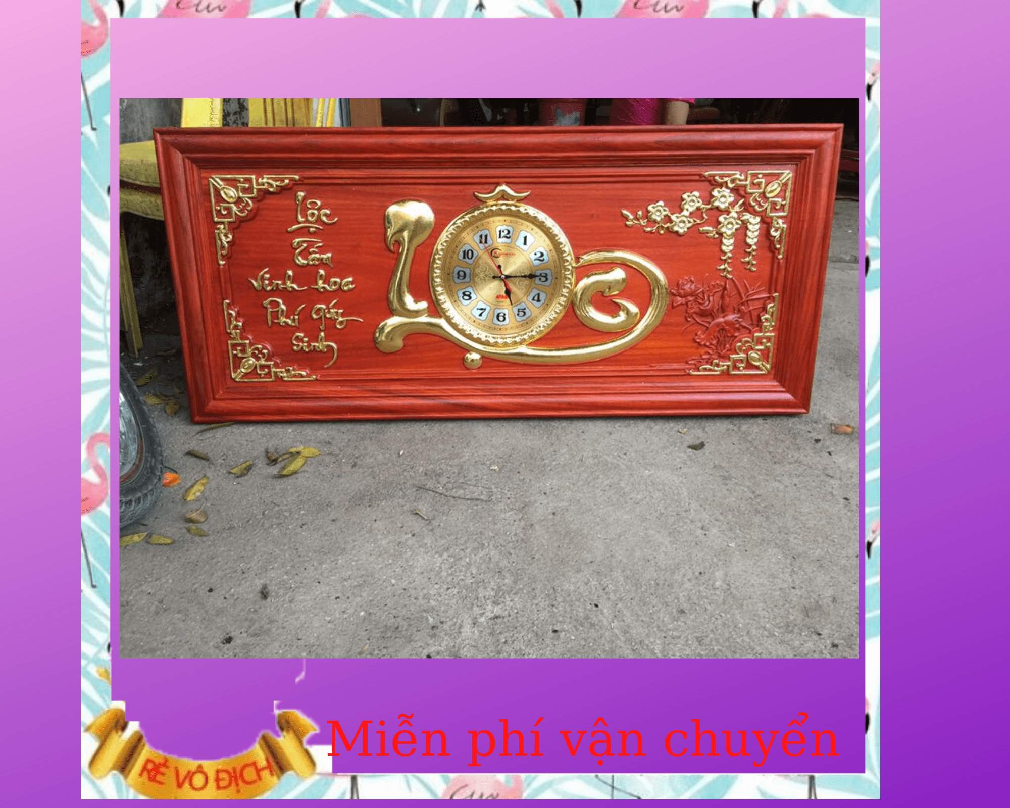 Tranh đồng hồ gỗ hương cao cấp dát vàng