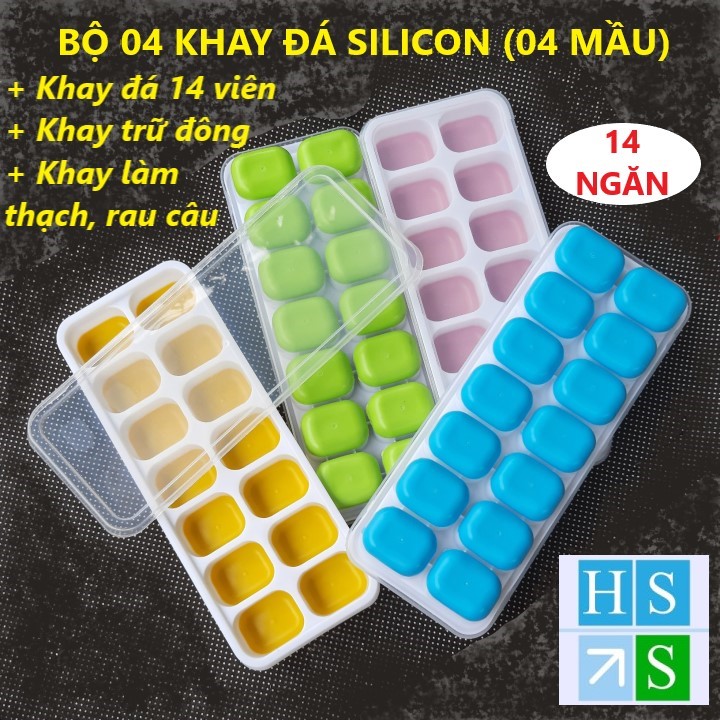 Khay đá silicon (14 ngăn) có nắp đậy an toàn không dính mùi thực phẩm,làm rau câu,làm kem,khay trữ đông thực phẩm ăn dặm