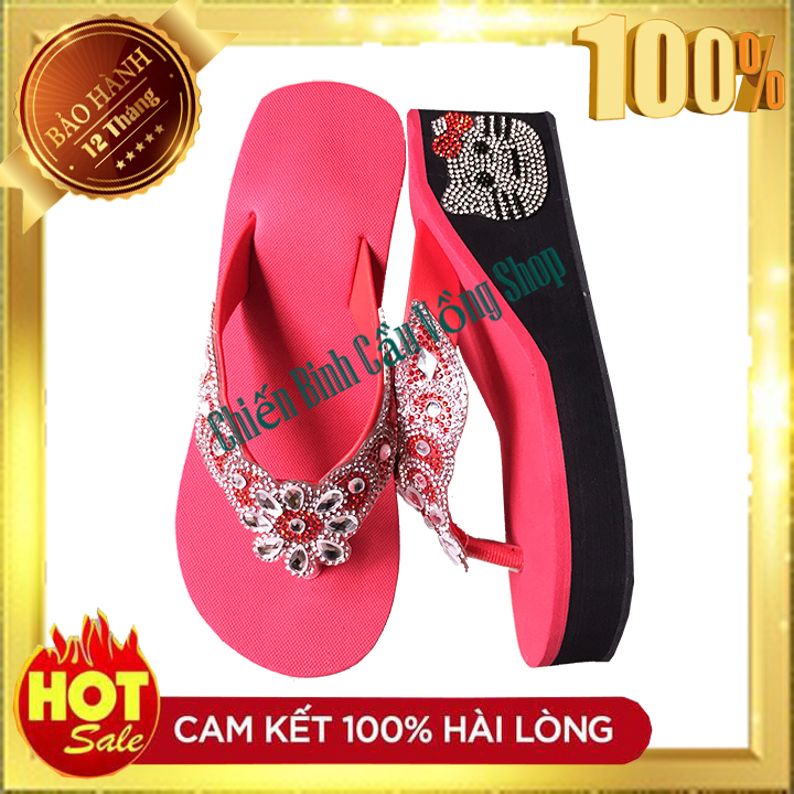 Dép kẹp đá hoa màu đỏ dán gót mèo cao 7cm - HÀNG CHUẨN - BẢO HÀNH 12 THÁNG - Dép nữ - Dép kẹp đính đá