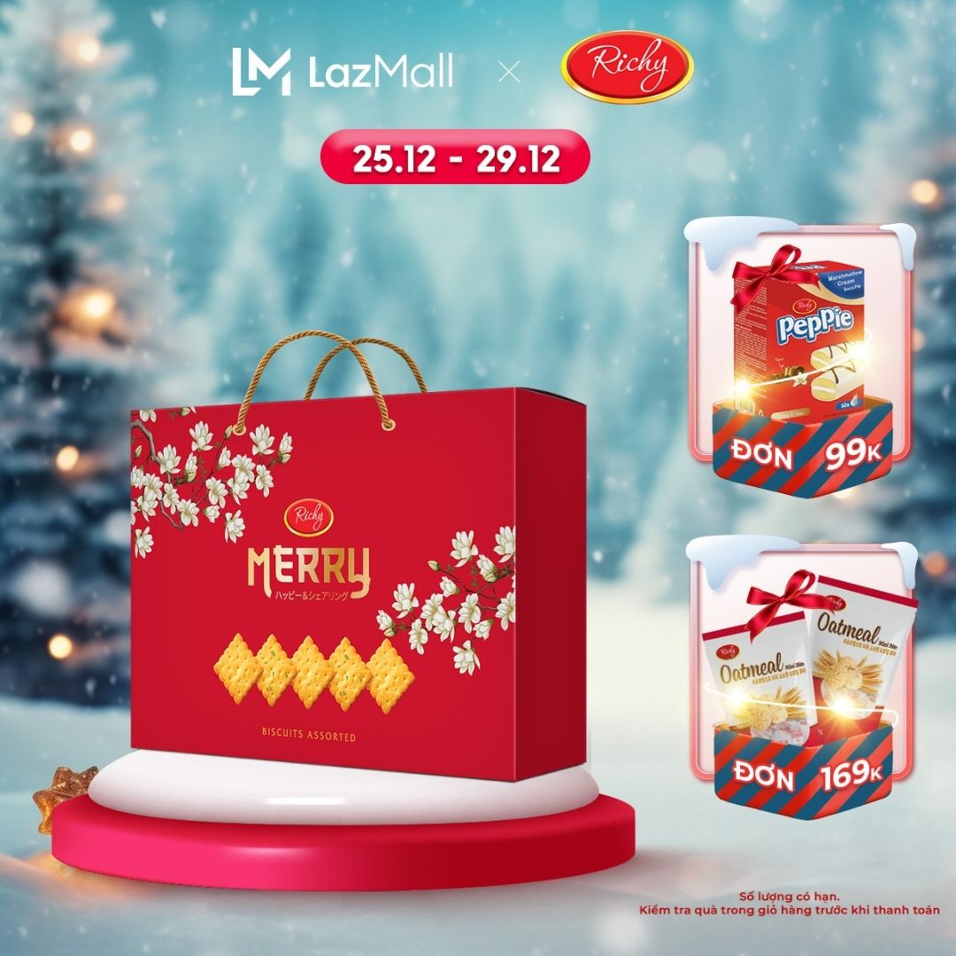 [NEW] Hộp Bánh Quy Tết Merry Richy, Hộp Giấy Quai Xách 431g - Bánh Kẹo Richy