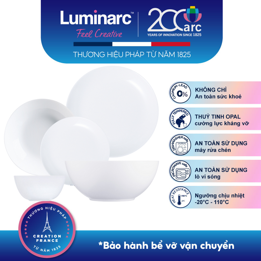 Bộ Bàn Ăn Tô Chén Đĩa Thuỷ Tinh Cường Lực  Luminarc Diwali Trắng 12 món - LUDI12M
