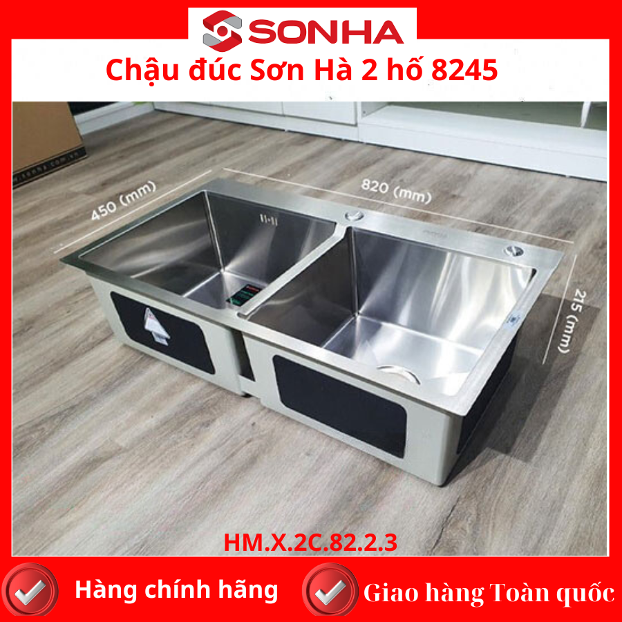 Chậu rửa,bồn rửa chén bát Handmade Luxury Sơn Hà- 2 hố cân 8245, Inox 304 công nghệ đánh xước Hairline,bảo hành 2 năm