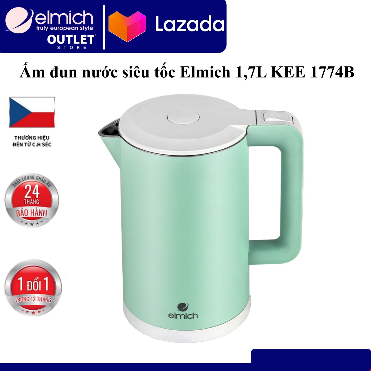 Ấm đun nước siêu tốc Elmich 1,7L KEE 1774 (Mầu Xanh Nhạt, Xanh Đậm, Hồng, Công suất 2.200W, Bảo hành 24 tháng)