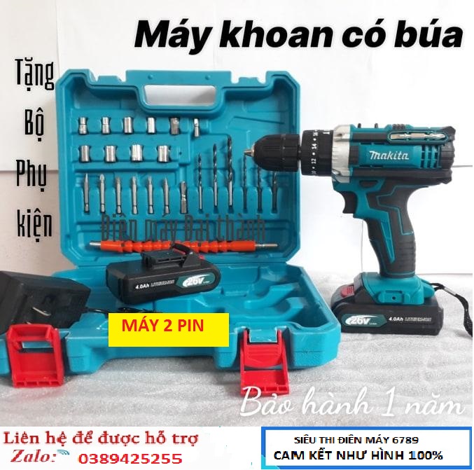 Máy khoan pin makita 26v, có búa tặng hộp đựng 26 chi tiết, 2 pin + 1 vít
