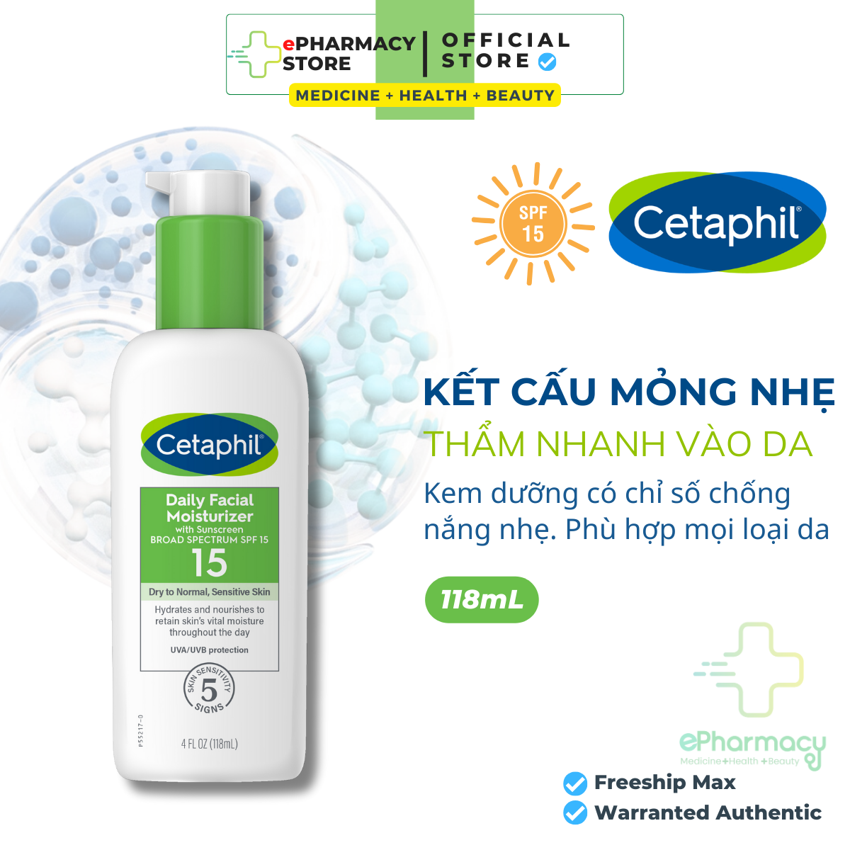 Kem dưỡng có chỉ số chống nắng cetaphil daily facial moisturizer spf15/ pa++ dưỡng ẩm có chống nắng hàng ngày cho da mặt 118ml