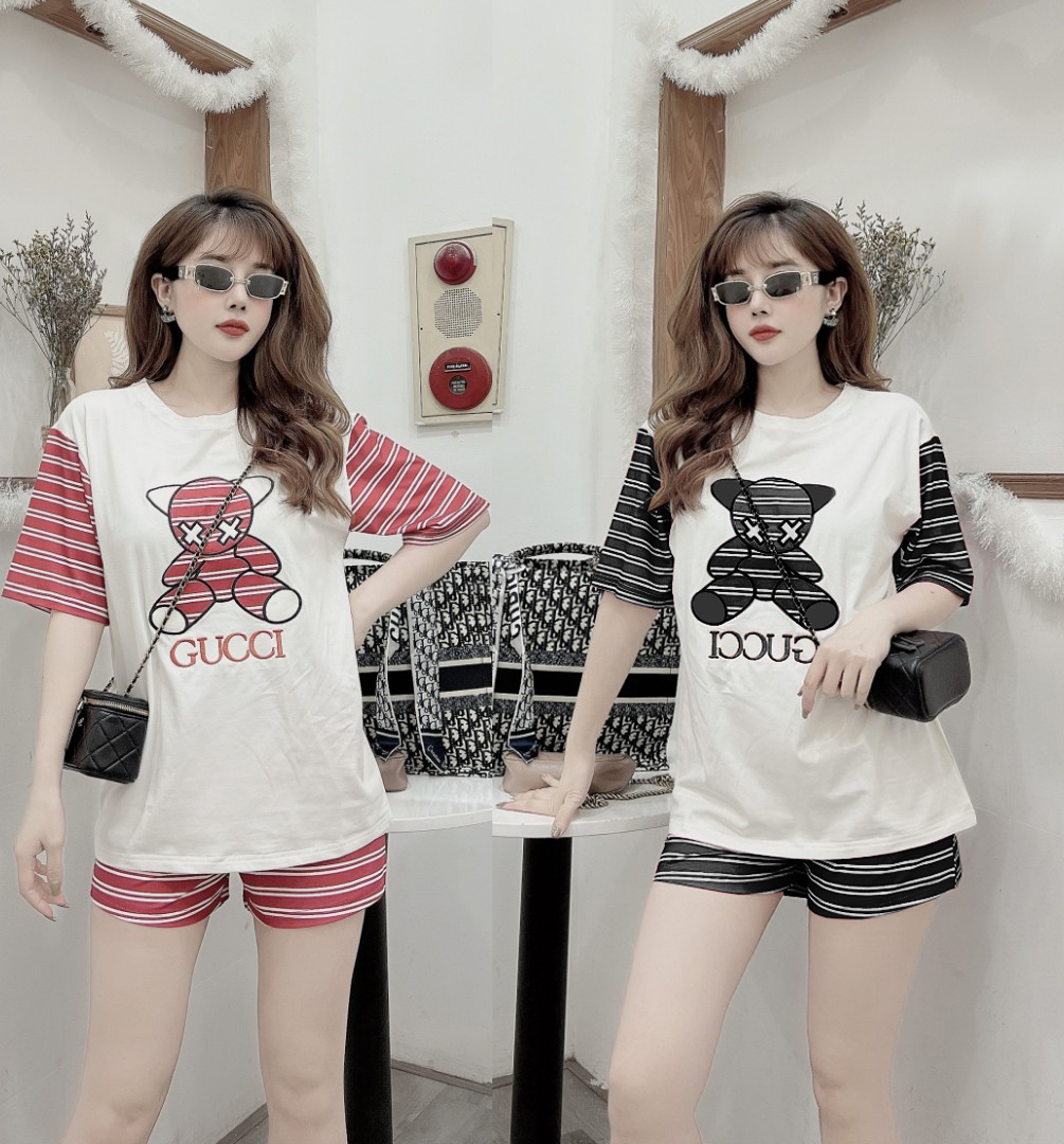 Đồ bộ đùi thun cotton nữ sọc kẻ phối hình gấu dễ thương