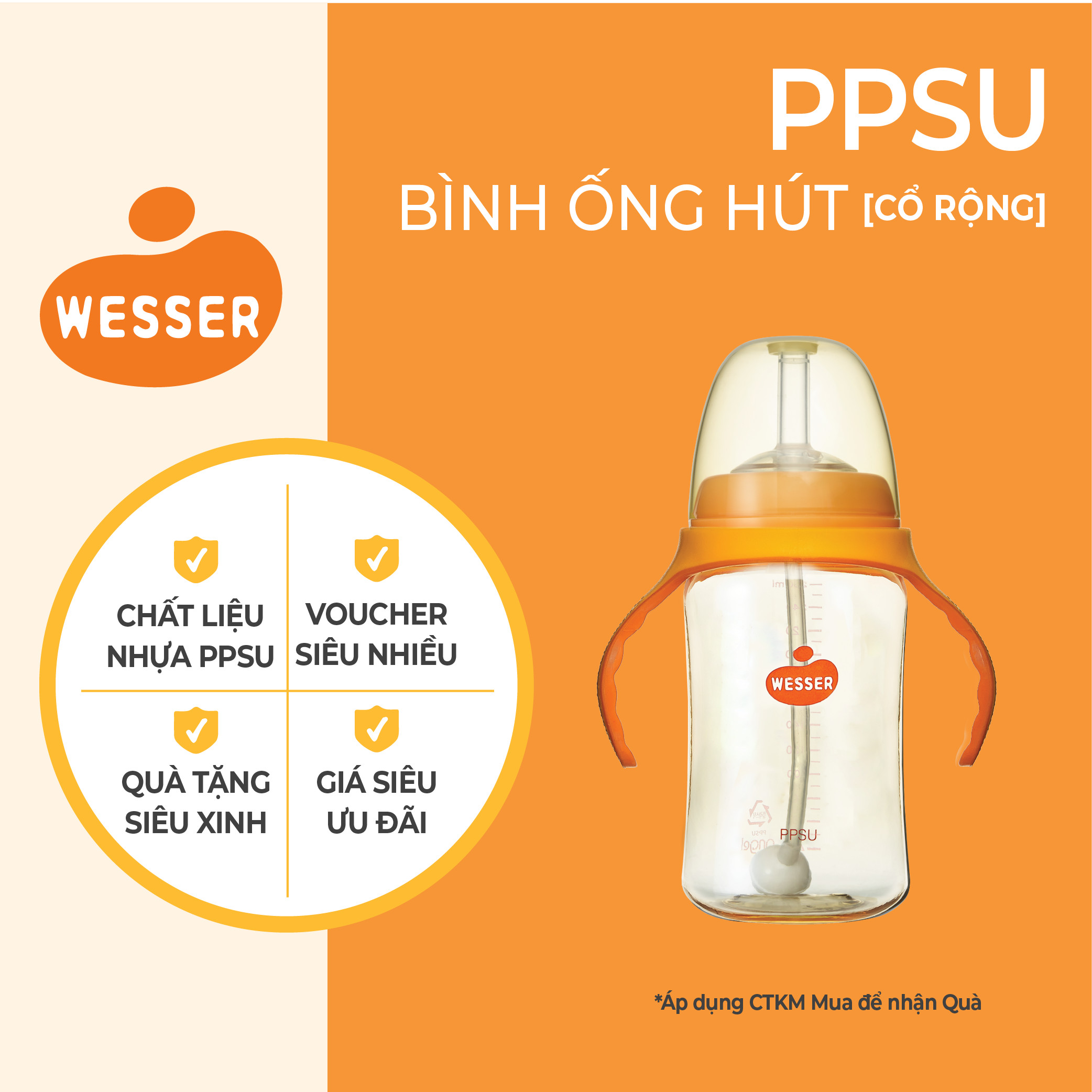 Bình ống hút ppsu wesser 260ml