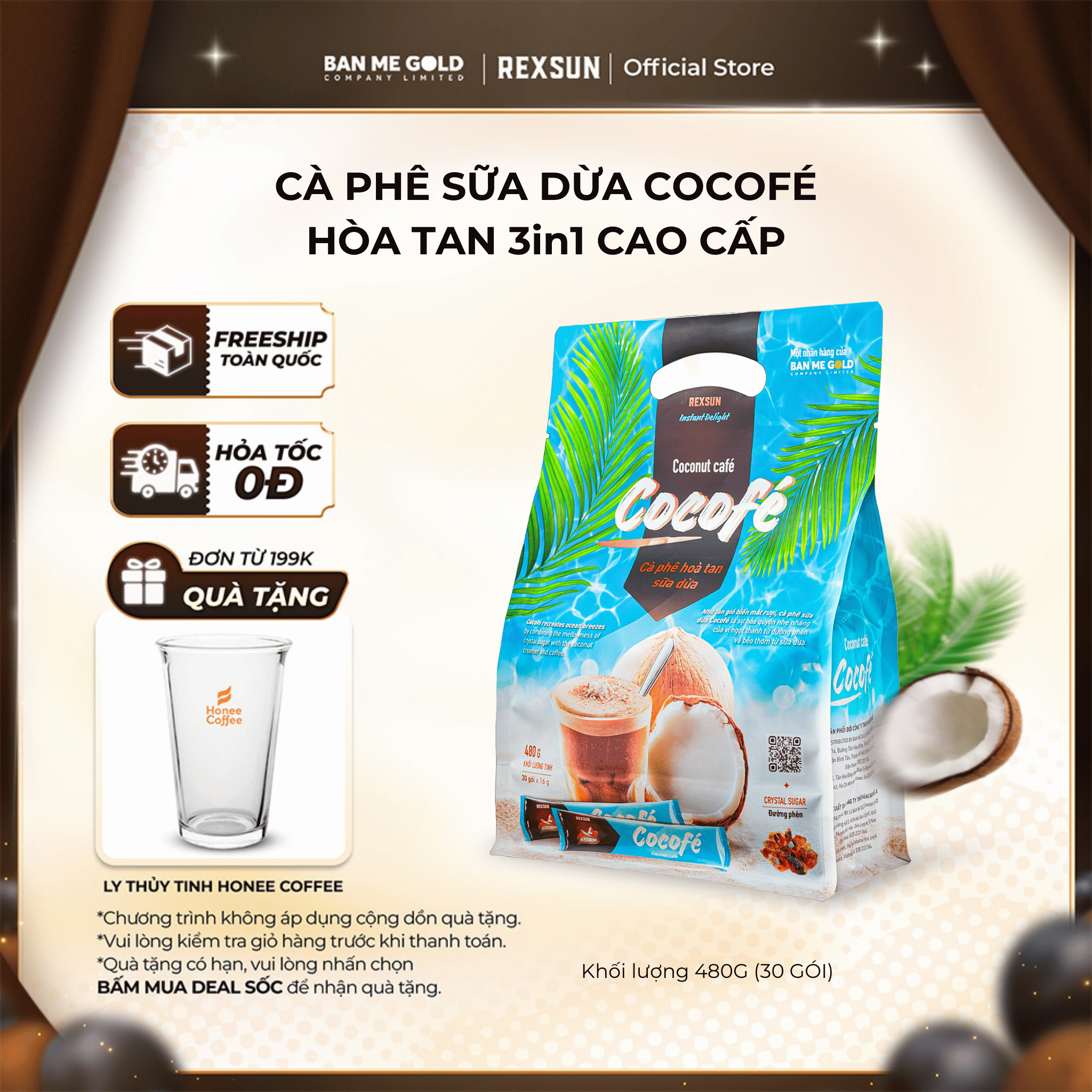   MUA 2 TẶNG LY  Cà Phê Sữa Dừa Cocofe – Túi 480gr  30 Gói  - Cafe Hòa Tan Cao Cấp Chính Hãng Ban Me Gold - REXSUN 