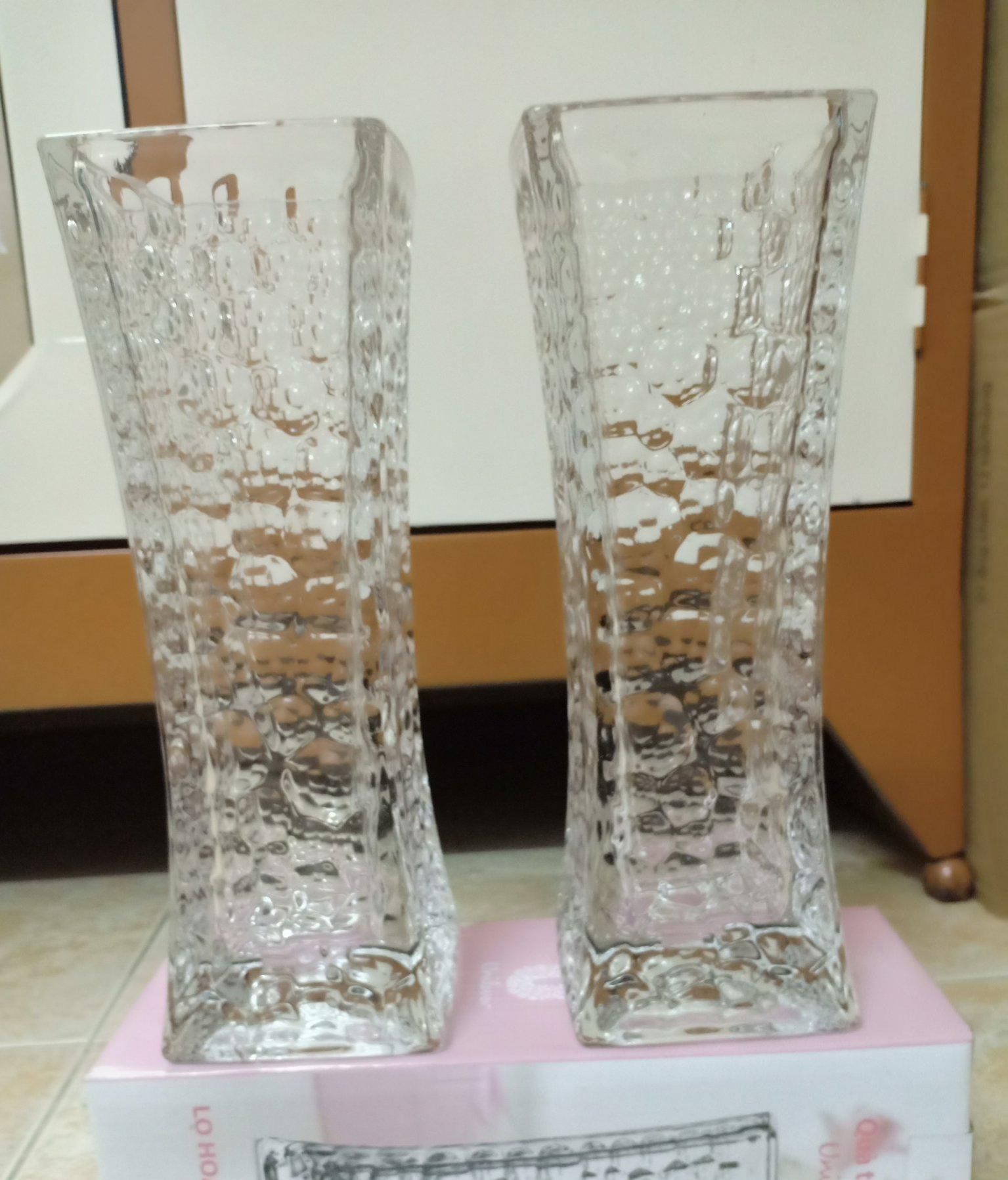 Bình cắm hoa 25cm thủy tinh pha lê, họa tiết kim cương miệng vuông