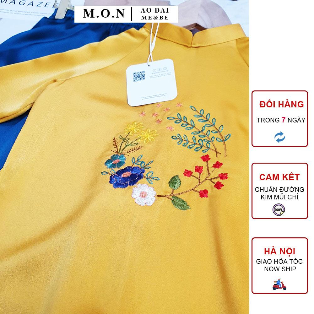 Áo dài mẹ bé lụa mát lịm thêu hoa điệp phi
