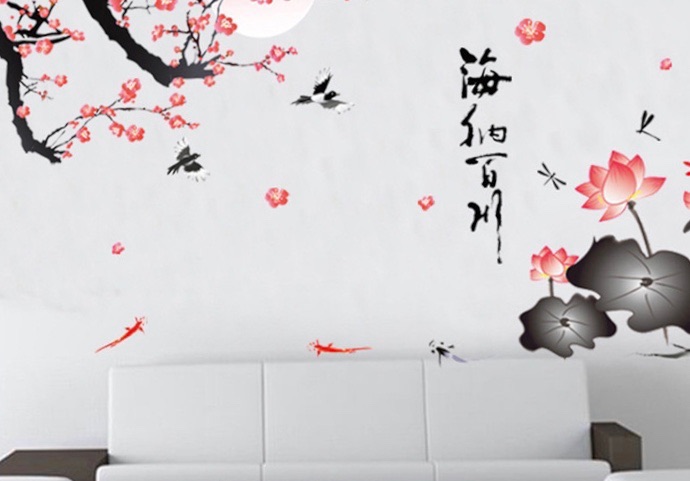 Decal tranh dán tường Hoa sen và cành đào