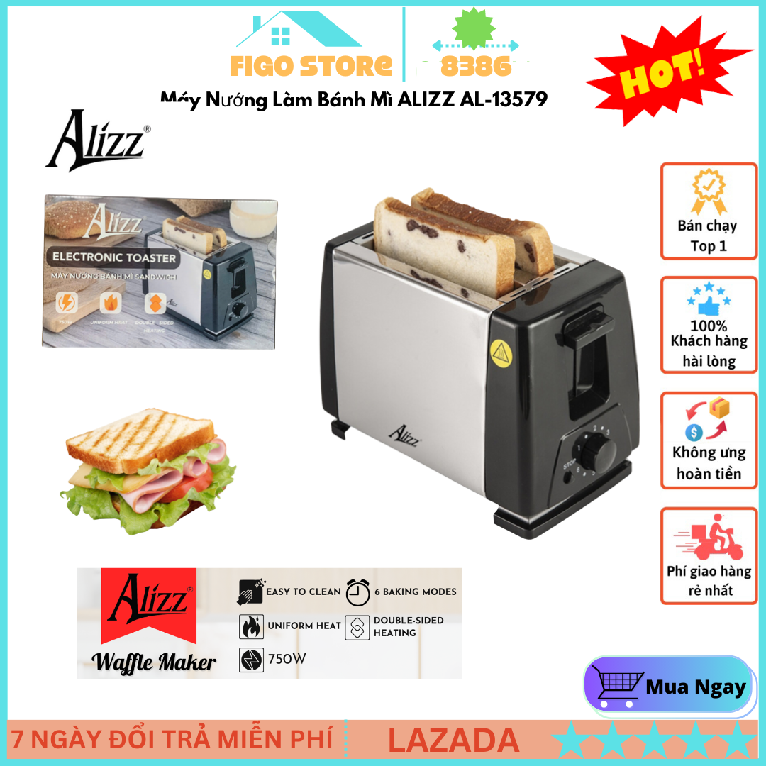 Máy Nướng Bánh Mì Sandwich ALIZZ AL-13579 6 Chế Độ Nướng, Nhanh Chóng Tiện Lợi Công suất 750W, Máy Nướng Bánh Sandwich Chính Hãng. Bảo Hành 1 Năm
